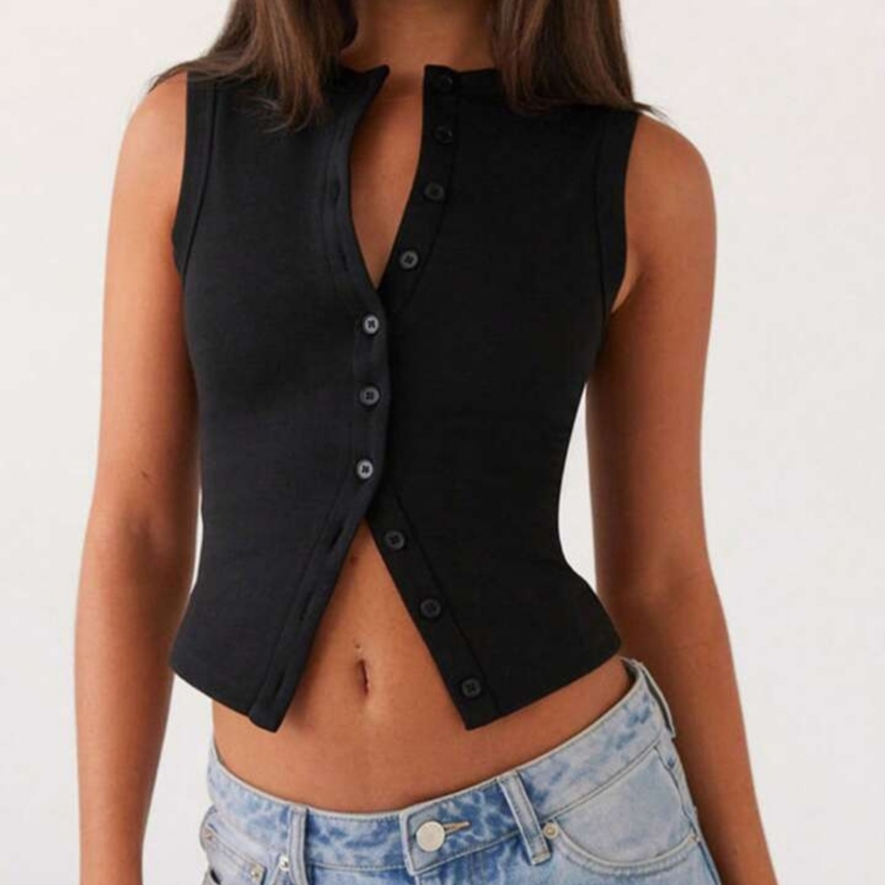 Black Button Down Ribbed Sleeveless Tank Vest